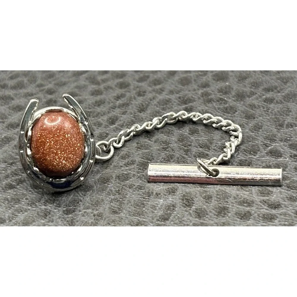 Vintage Horseshoe Goldstone Glitter Cabochon Equestrian Tie Tack Silver Tone